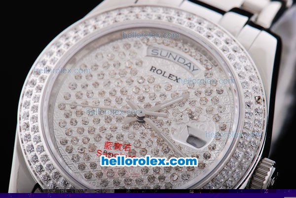 Rolex Day-Date Oyster Perpetual Automatic Full Diamond Bezel and Dial-Big Calendar and Silver Pointer - Click Image to Close